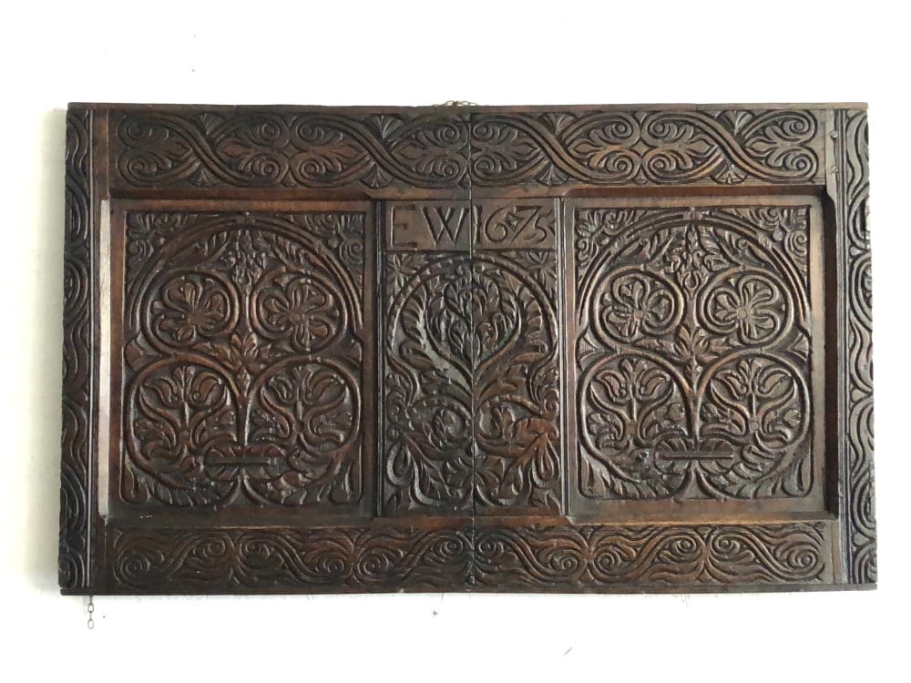 A 17th Century Carved Oak Chest Front Dated E.W.1675 From The Workshop Of Thomas Dennis SOLD