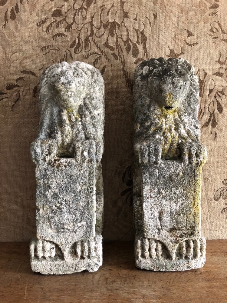 A Pair Of Rare 17th Century English Carved Stone Lions  Standing Sejant SOLD