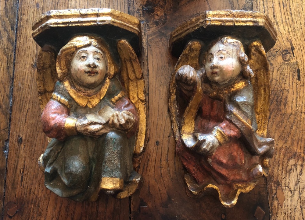 A Wonderful Pair Of 16th Century Polychrome Decorated Angel Corbels 