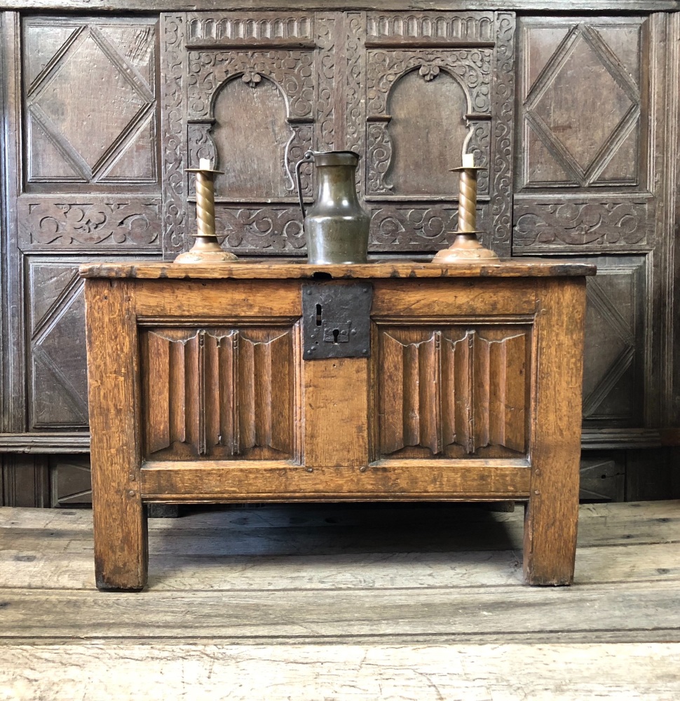 A 16th Century Tudor Oak Linenfold Chest With A Great Country Repair.SORRY SOLD