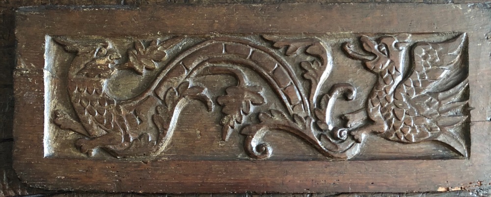A Rare Early 17th Century Carved Oak Panel Depicting a Wyvern And A Dragon.SOLD