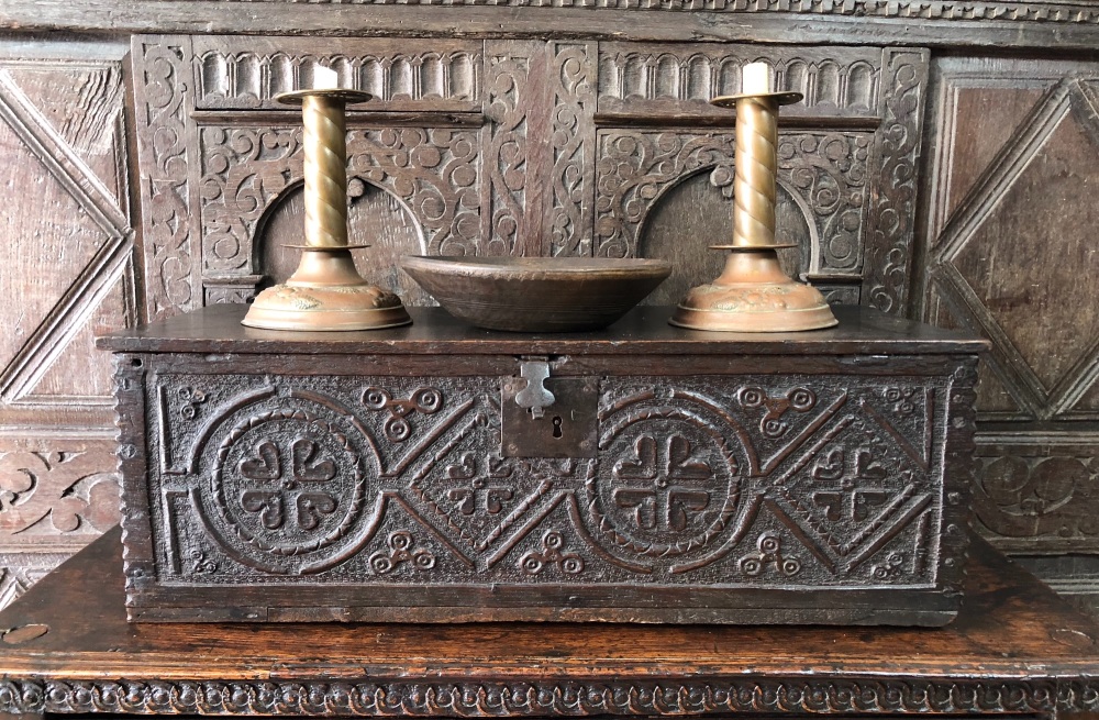 A 17th Century Carved Oak Bible Box Of Narrow Proportions.SOLD