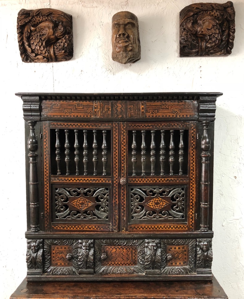 An Important Late Elizabethan Carved And Inlaid Oak Mural /Glass Cupboard SOLD