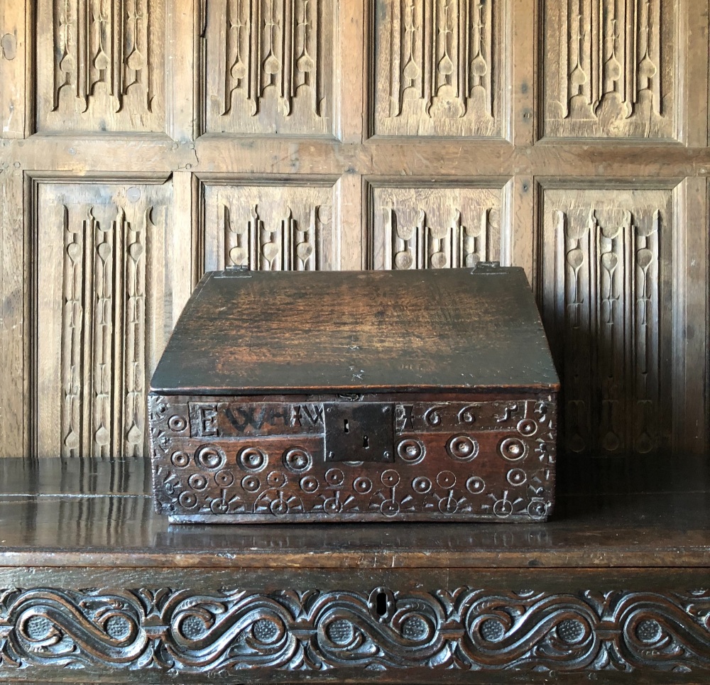 A 17th Century Welsh Oak Desk Box Carved With Bulls Eye Design Dated 1665 SOLD 