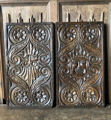 A Pair Of 18th Century Carved Oak Panels Depicting The Green man .