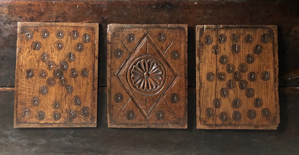 A Set Of Three 17th Century Carved Oak Welsh Panels with Bulls eye design Monmouth Region SOLD