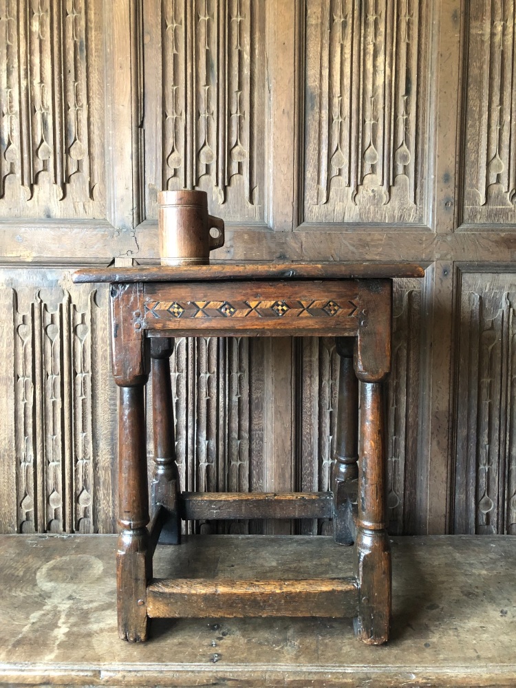 A Rare Late 17th Century Oak Joint Stool With An Inlaid Frieze Rail.
