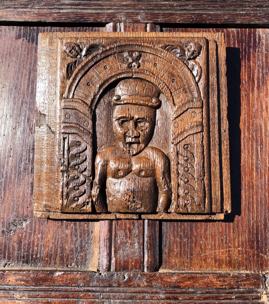 A Charming 16th Century Carved Oak Panel Depicting A Man Within An Arch.SOLD