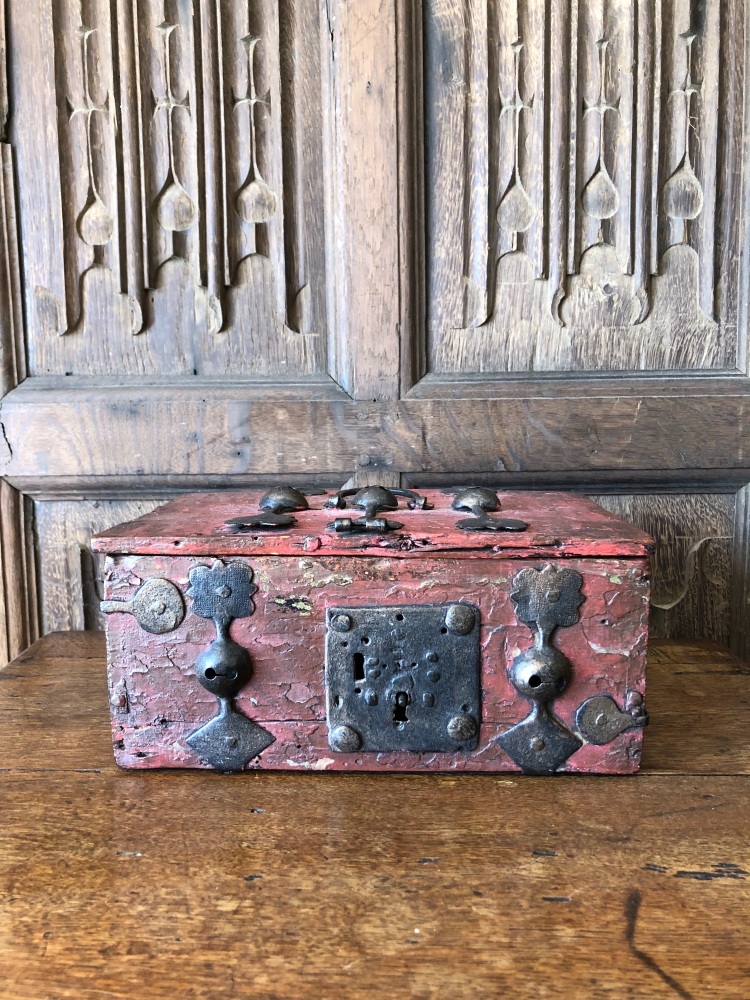 A 15th Century Iron Bound Box With Later Raspberry Paint SOLD