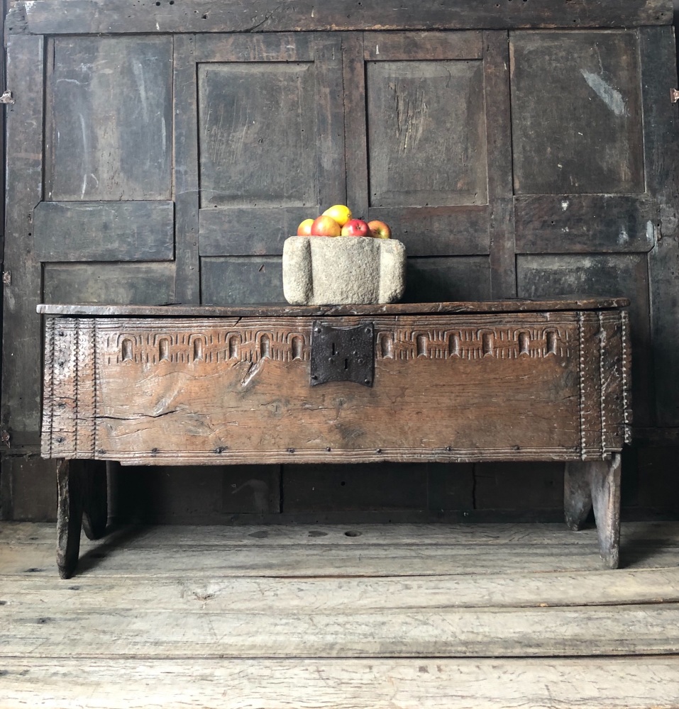 A Wonderfully Tactile Henry VIII Tudor Carved Oak Boarded Chest .English Circa 1520 SOLD