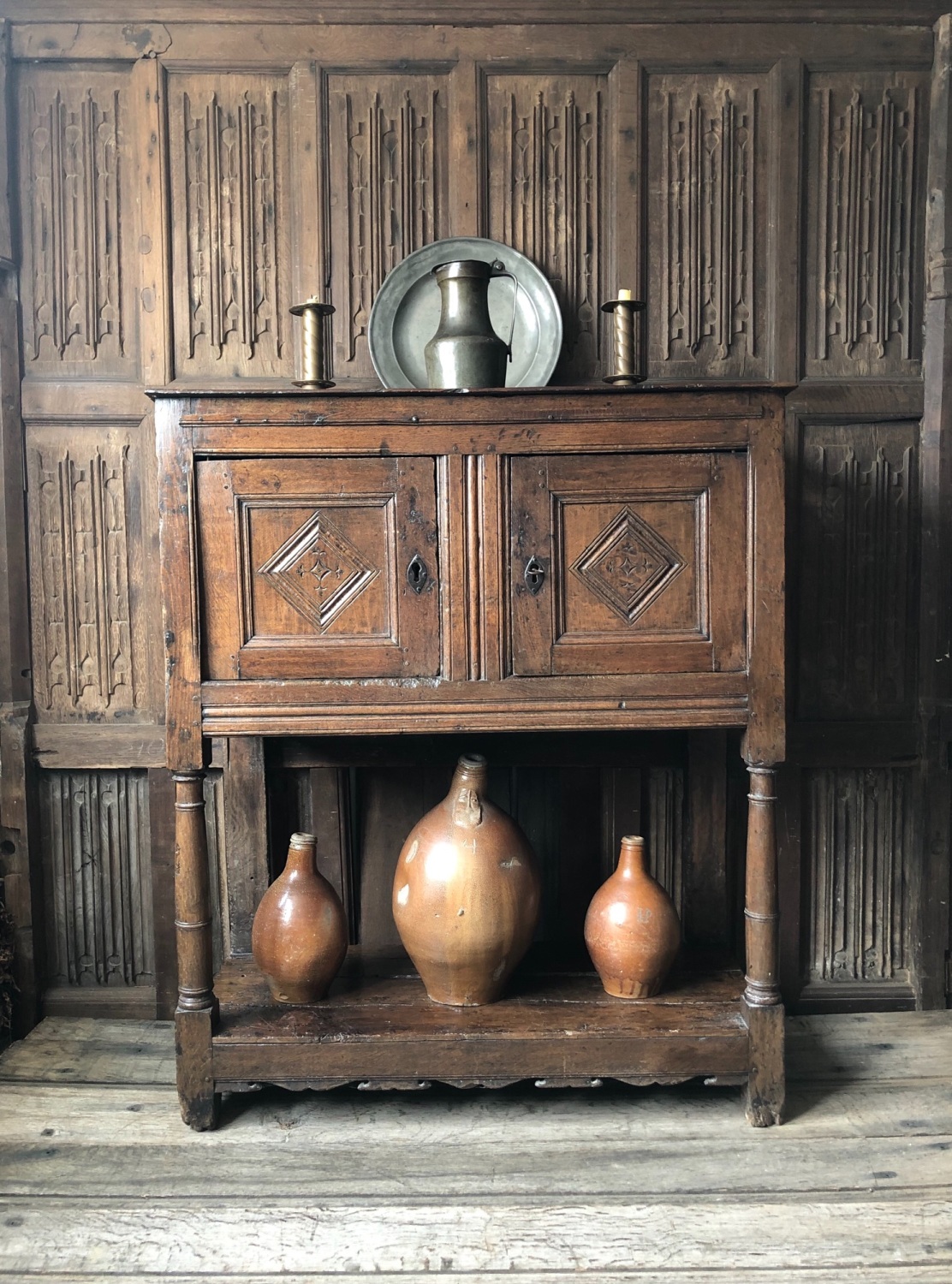 17TH CENTURY CARVED OAK LIVERY CUPBOARD