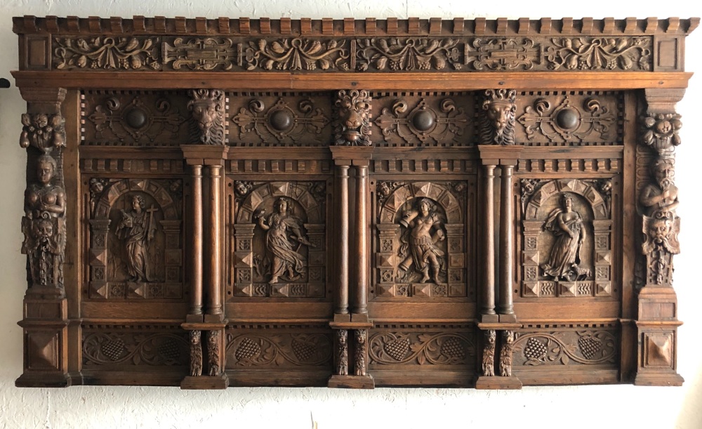An Elizabethan Carved Oak Overmantle Depicting The Four Virtues Of Monumental Proportions SOLD
