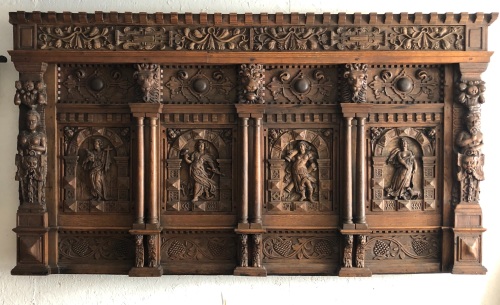 An Elizabethan Carved Oak Overmantle Depicting The Four Virtues Of Monument