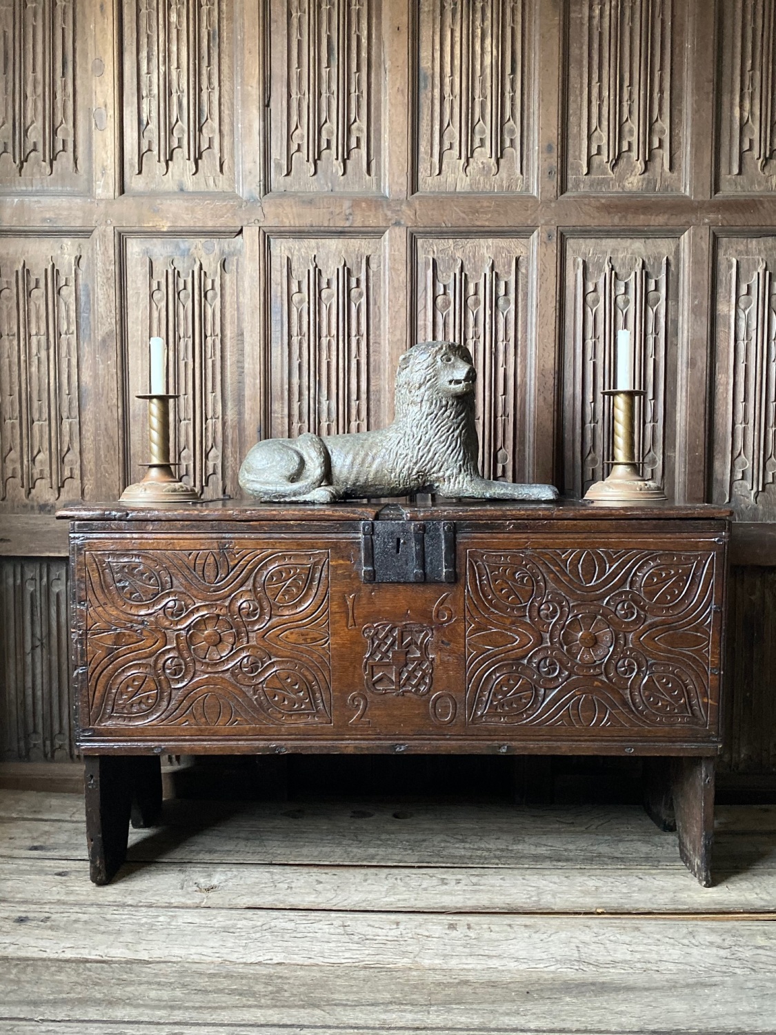 17th century carved oak boarded coffer dated 1620 documented in the
