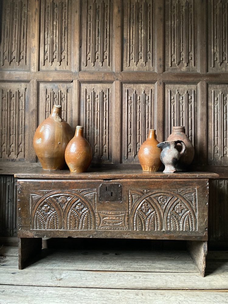 A Rare Henry VIII Period Carved Oak Boarded Chest 