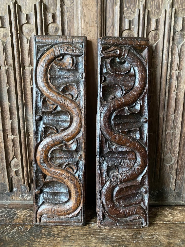 A Pair Of 16th Century Carved Oak Gothic Panels Depicting A Snake.