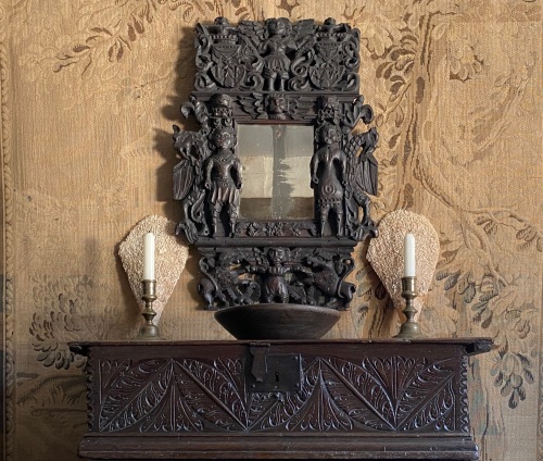 An Extremely Rare Late 17th Century Carved Oak Framed Mirror designed to ce