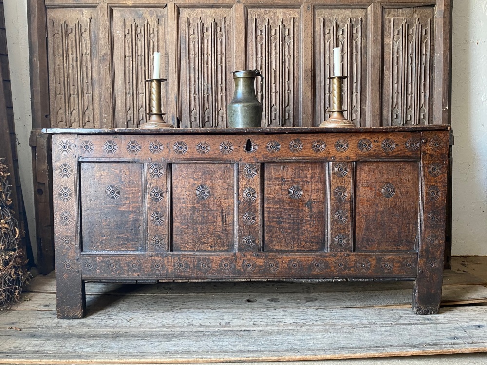 A 17th Century Carved Oak Welsh Coffer With The Monmouthshire Bullseye.SOLD