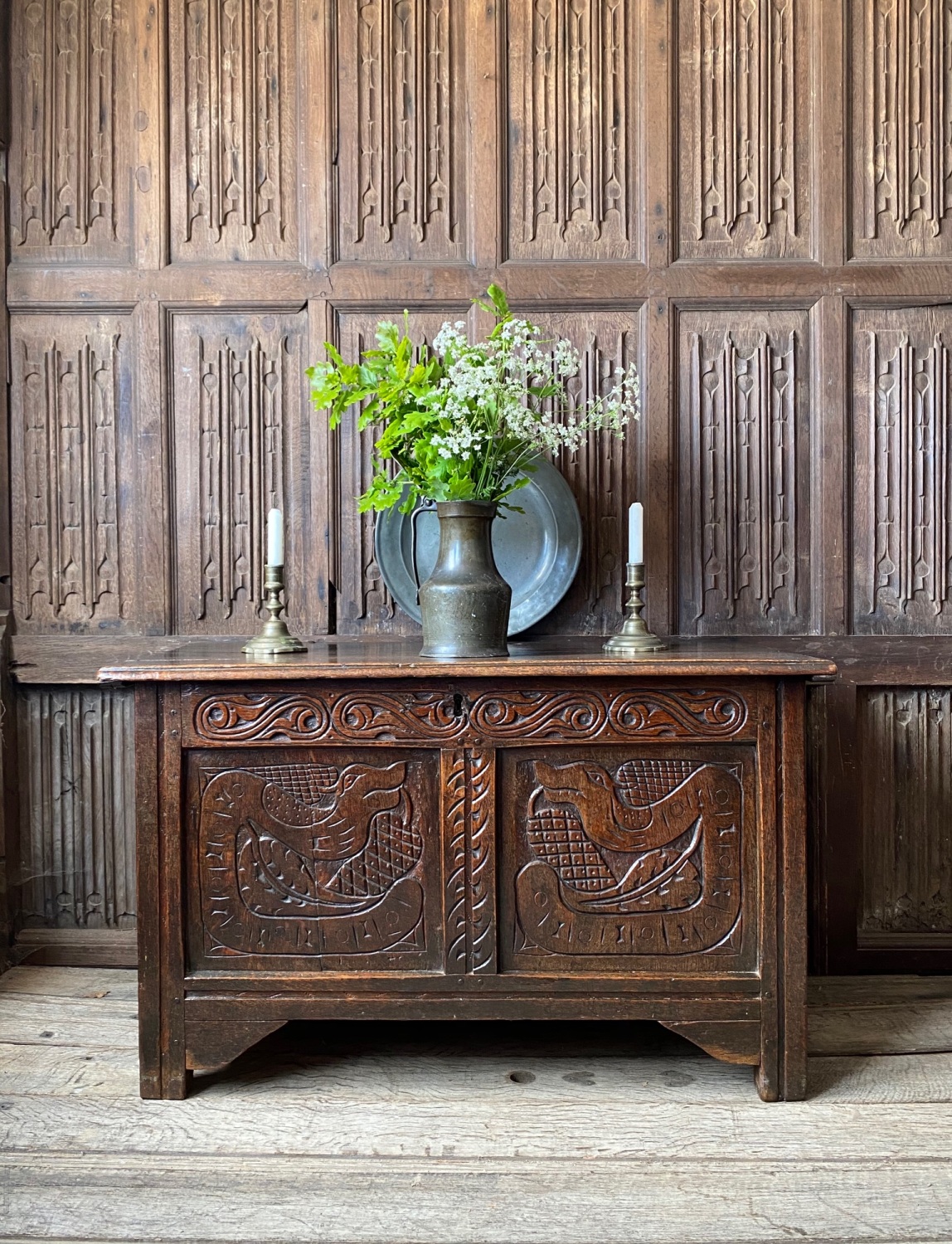 17th century oak coffer carved with wyverns