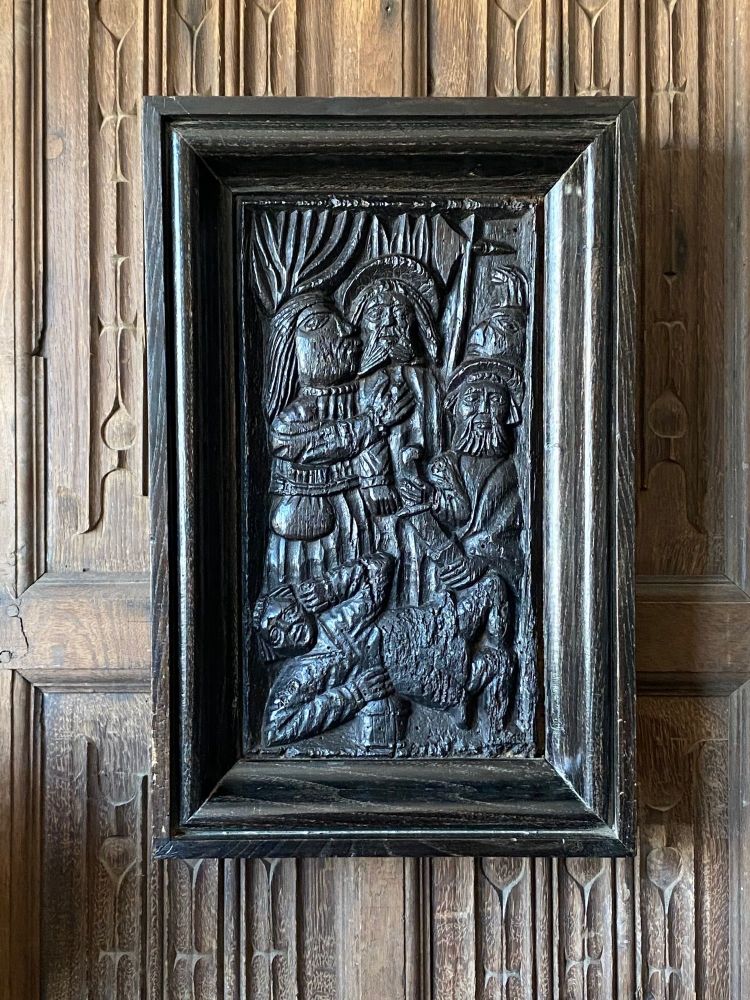 An Extremely Rare English Medieval Carved Oak Panel Depicting The Kiss Of J