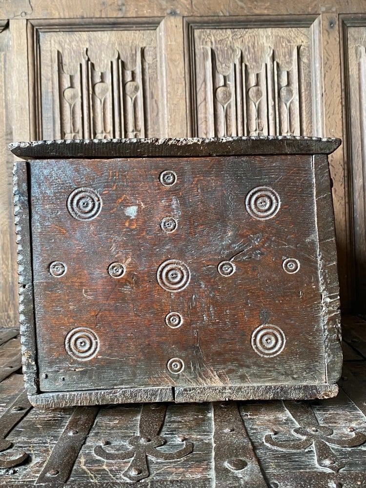 A Rare Charles 1st Carved Oak Welsh Bible Box Of Small Proportions With Monmouth shire Bullseye Deign SOLD