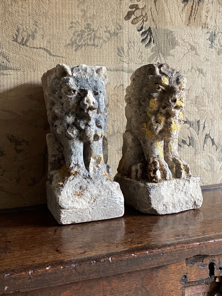 A Pair Of 18th Century Carved Stone Standing  Lions.SOLD