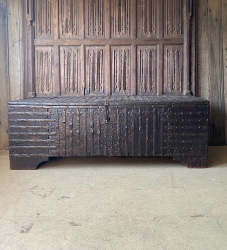A Wonderful  14th Century Medieval Oak And Iron Bound Clamp Front Chest.