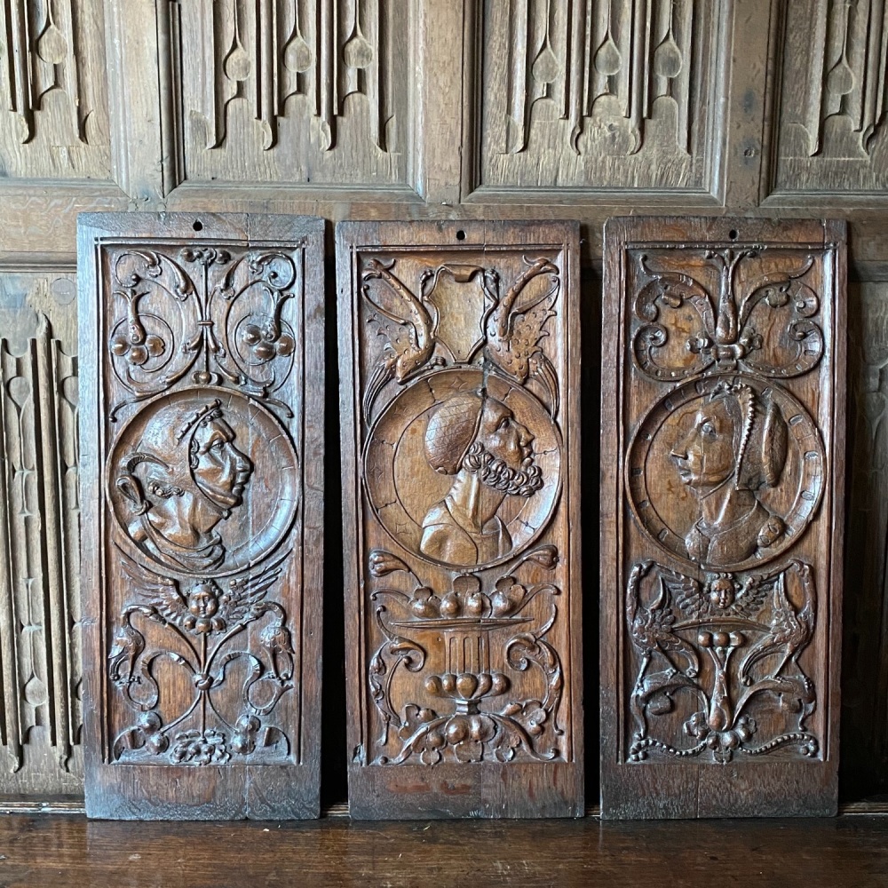 A Wonderful Set Of Three 16th Century Oak Profile Portrait Panels Of The Highest Quality. SOLD