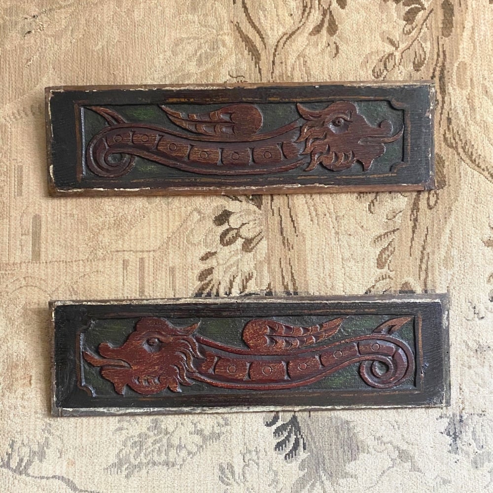 A Decorative Pair Of 17th Century Carved Oak Dragon Panels With Green And Red Paint.