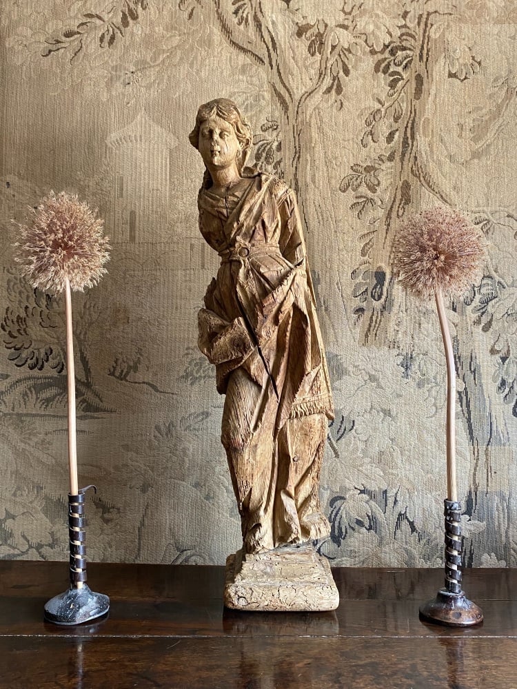 A Decorative 17th Century Continental Carved Pine Figure Of A Female