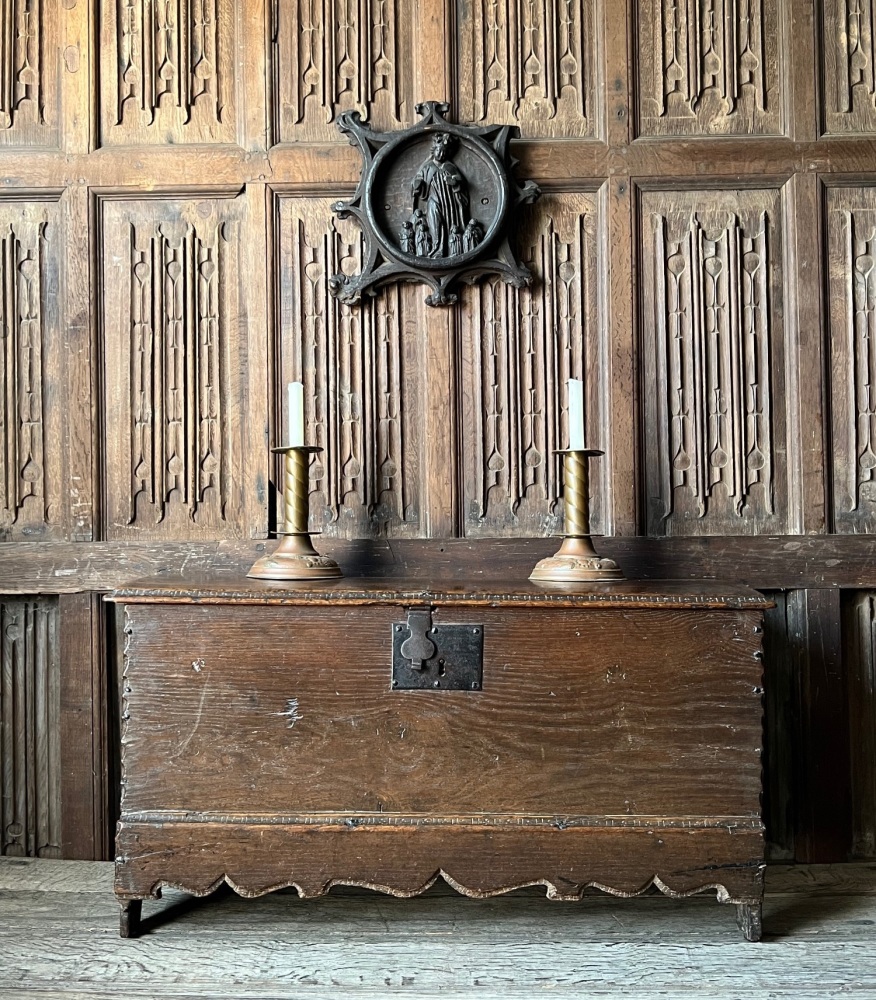 A Rare 17th Century Oak Board Chest With Shaped Front Rail .