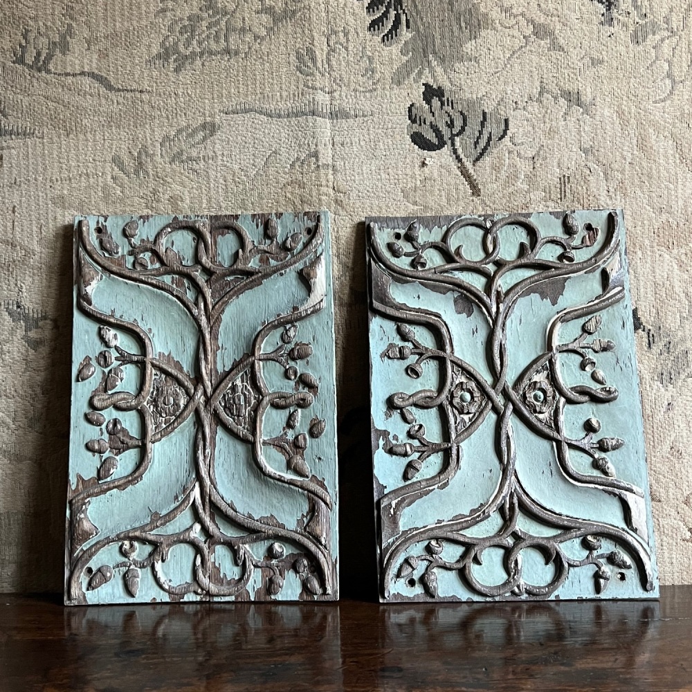 A Wonderful Pair Of 16th Century Carved Oak Parchemin Panels With a Crusty Georgian Duck Egg Blue Paint. SOLD