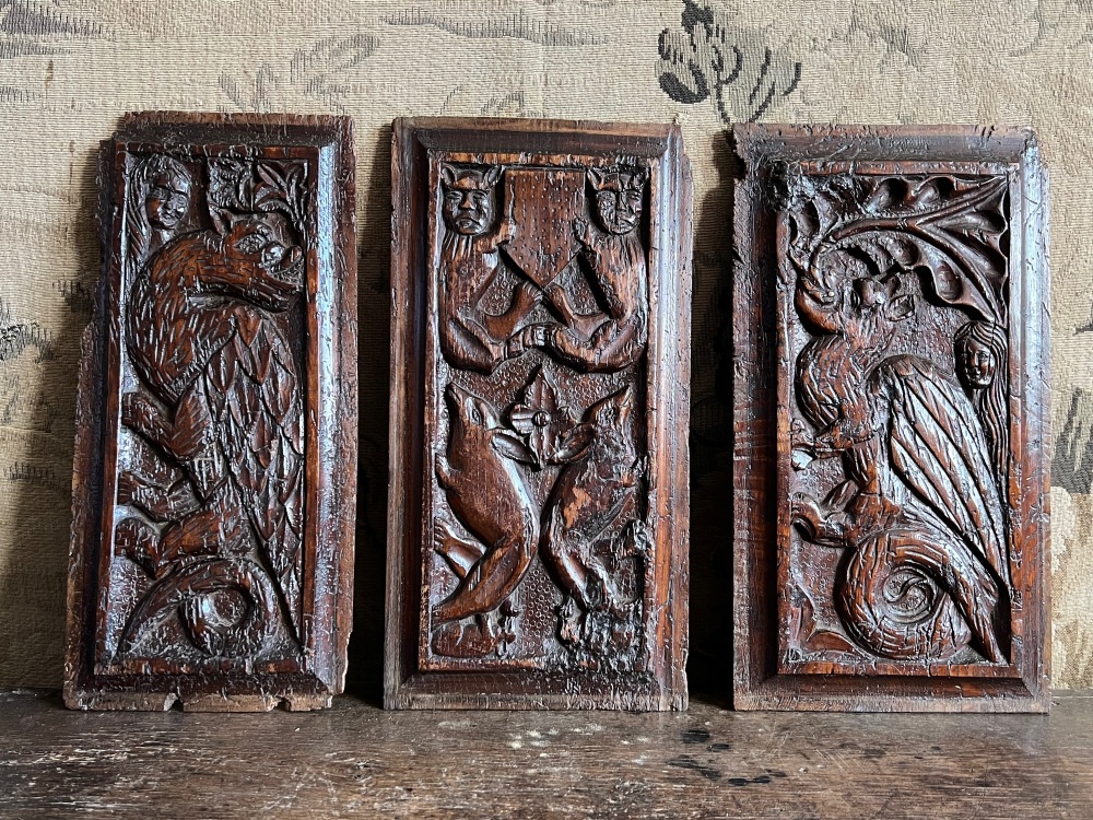An Unusual Set Of Three 16th Century Carved Oak Beast Panels SOLD
