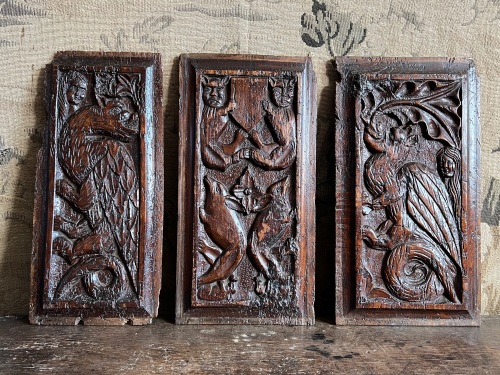 An Unusual Set Of Three 16th Century Carved Oak Beast Panels 
