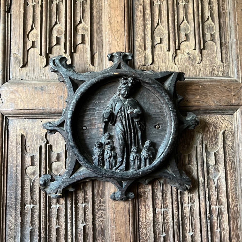 A Rare 15th Century English Gothic Oak Roundel Depicting The Virgin Of Mercy SORRY SOLD