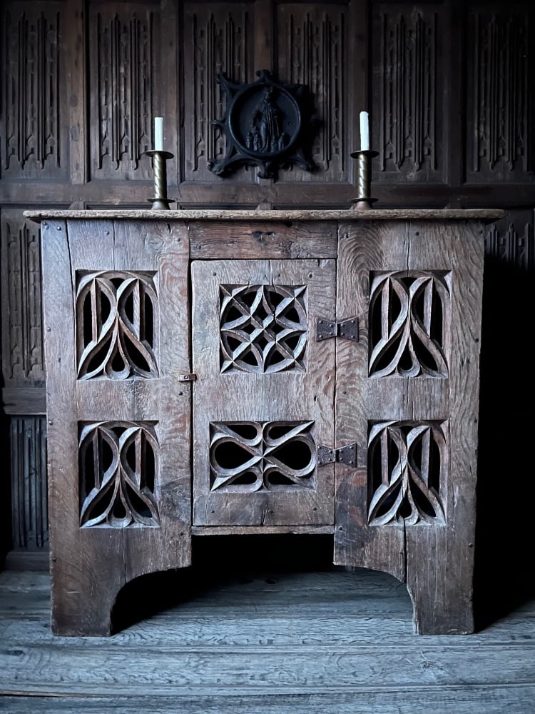 A 19th Century English Gothic Oak Aumbry With Dry Surface