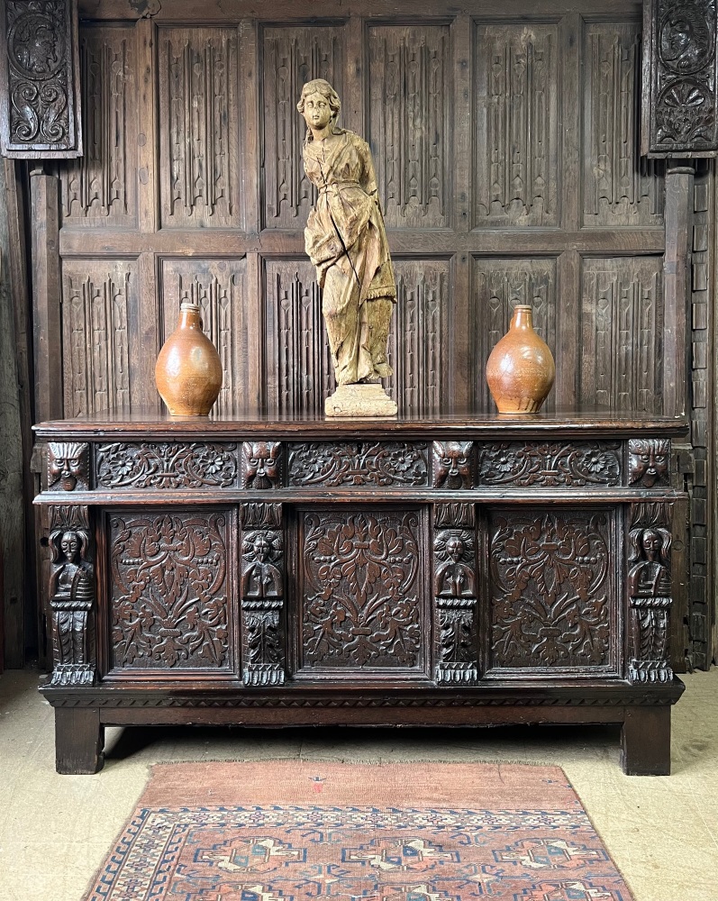 An Early 17th Century Carved Oak Chest Depicting Caryatids .SOLD