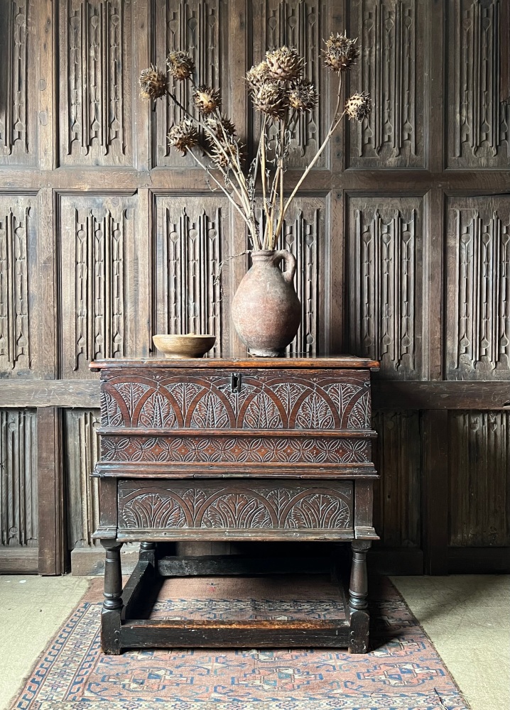 A Rare 17th Century Carved Oak Box On Stand.SOLD