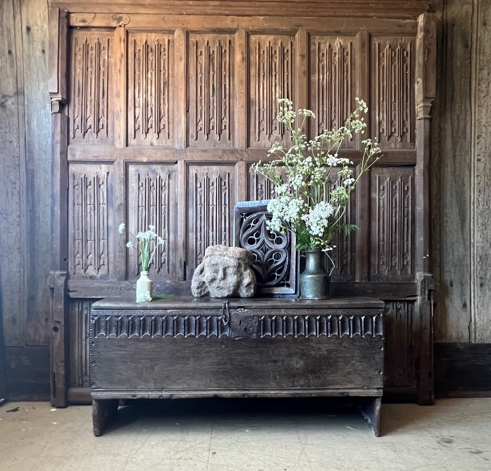 A Fine 16th Century Elizabethan Carved Oak Six Plank Chest. SORRY SOLD