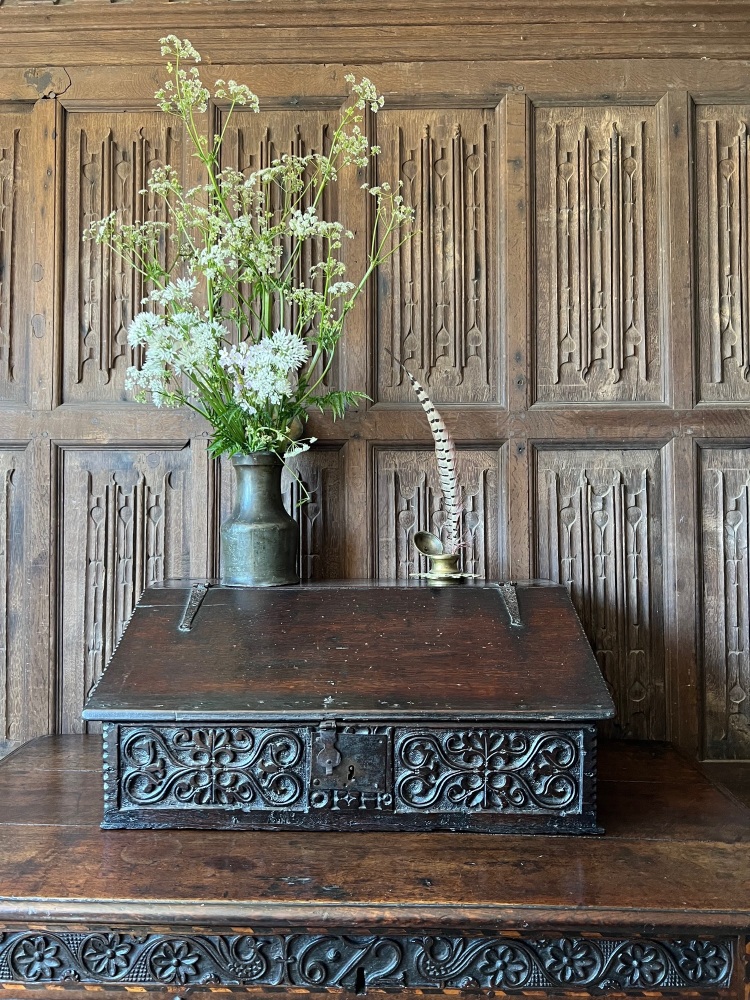 A 17th Century Carved Oak Slope With The Initials T H 