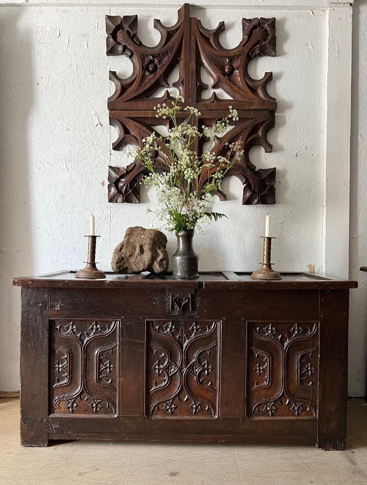 A Rare 16th Century Carved Oak Gothic Coffer With Parchemin Panels