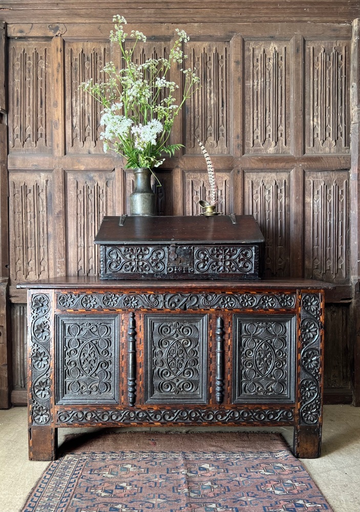 A Wonderful Dated 17th Century Oak And Inlaid Chest  Yorkshire Region