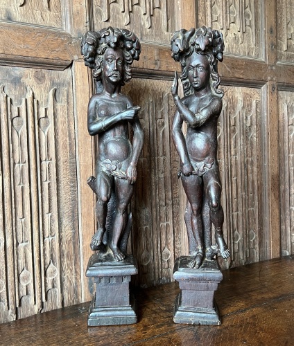 A Rare Pair Of 16th Century Carved Oak Adam And Eve Figures.
