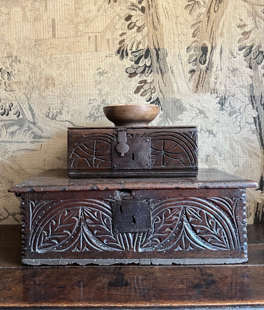 A 17th Century Carved Oak Bible Box Of Small Size. SOLD