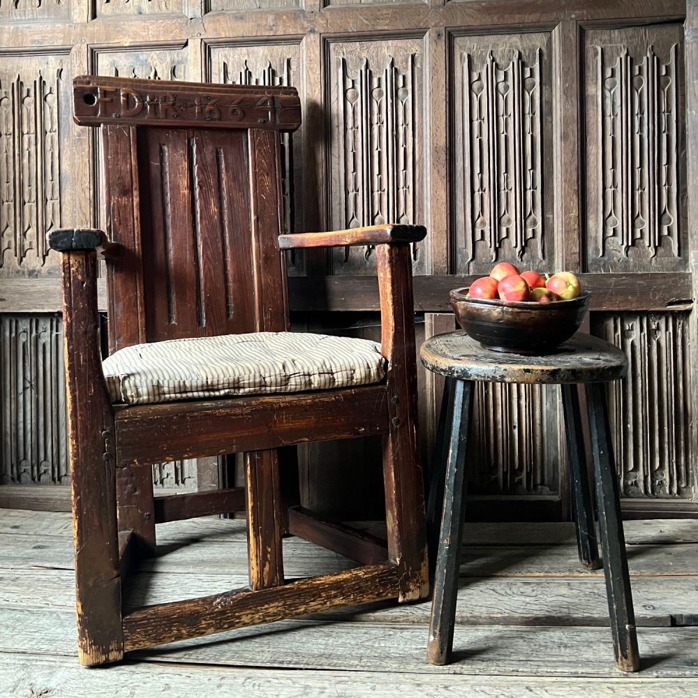 A Seldom Seen 17th Century Scottish Pine Caqueteuse Chair Dated 1664 SOLD