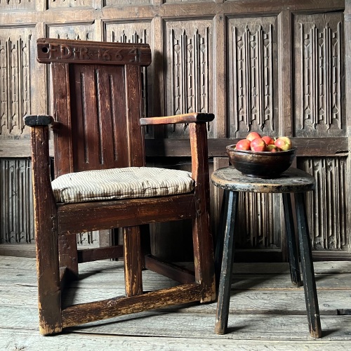 A Seldom Seen 17th Century Scottish Pine Caqueteuse Chair Dated 1664