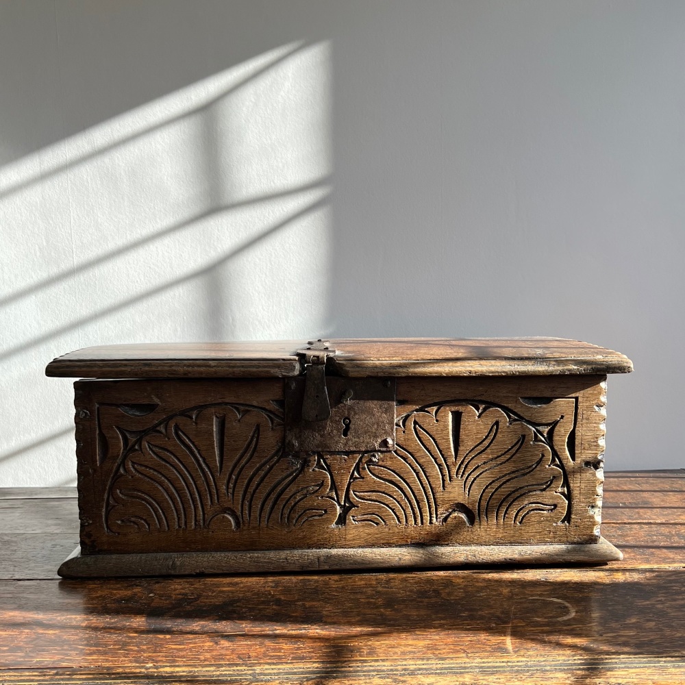 A Chunky 17th Century Carved Oak Bible Box