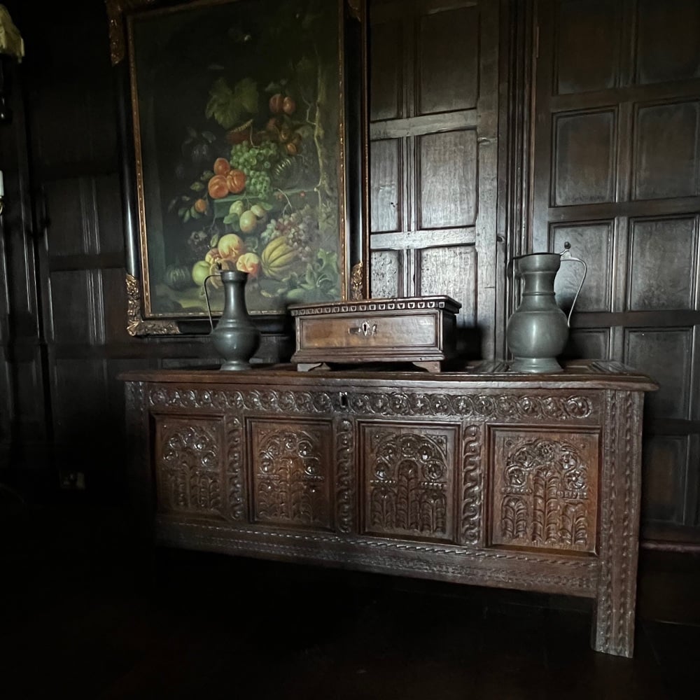An Early 17th Century Carved Oak Chest With Arcaded Panels.