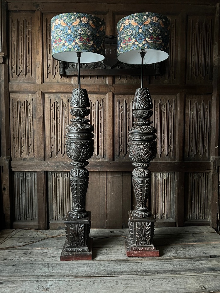 A Pair Of Elizabethan Carved Oak Bed Posts Converted Into Floor Lamps.SOLD
