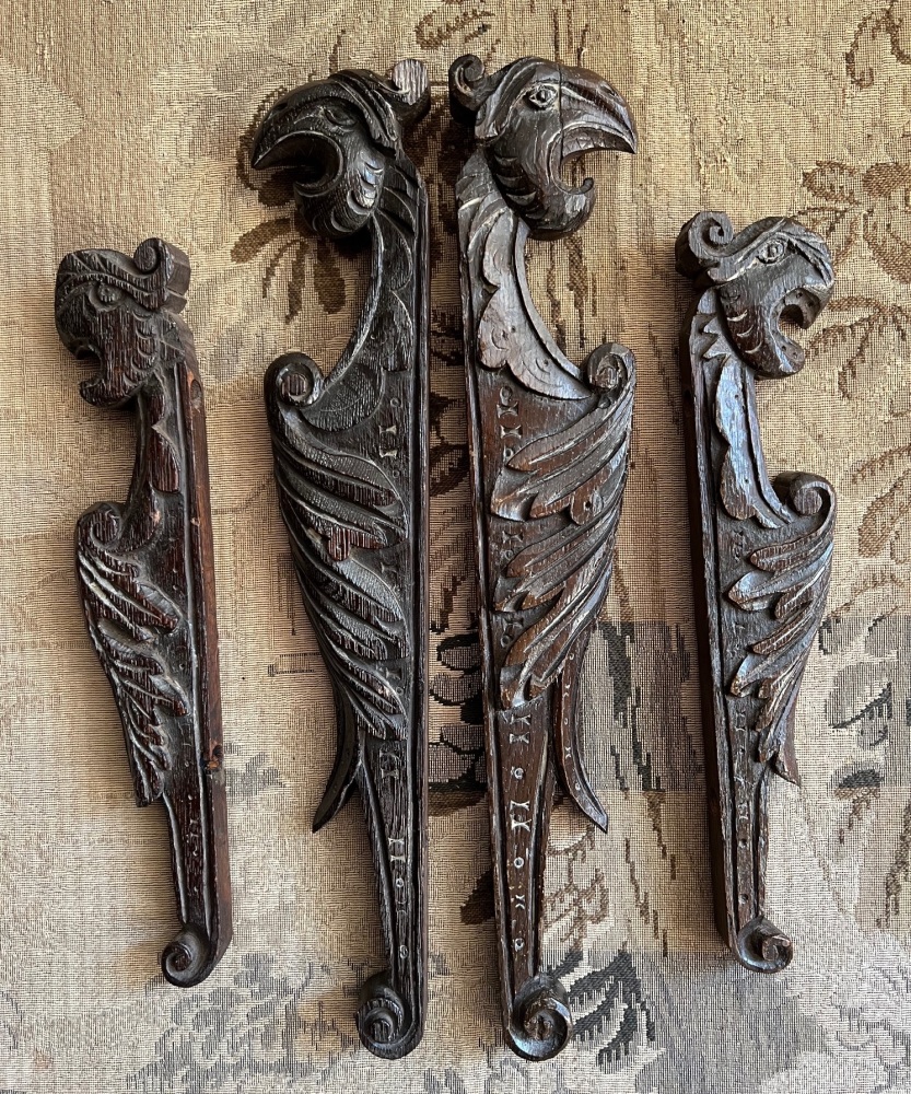 A Group Of Four Elizabethan Carved Oak Dragon Brackets Formerly From A Bed.